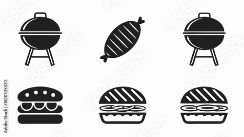 Clean vector icons:  charcoal grill, grilled sausage, and delicious burgers; simple, minimalist style; perfect for BBQ restaurant menus or food blogs.