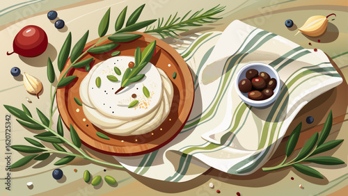Flat lay of goat cheese, fresh herbs, and olives rests on soft cream cloth. Semi-realistic style captures rustic textures, organic colors, and elegant simplicity near garden foliage.