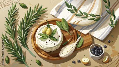 Flat lay of goat cheese, fresh herbs, and olives rests on soft cream cloth. Semi-realistic style captures rustic textures, organic colors, and elegant simplicity near garden foliage.