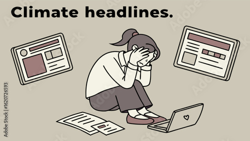 A woman is stressed about climate headlines, with a laptop and papers around her, highlighting the anxiety and concern surrounding environmental issues