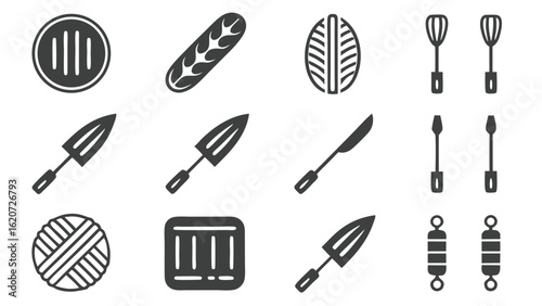 Clean minimalist vector icons: grilling tools, baking utensils, and kitchenware silhouettes.