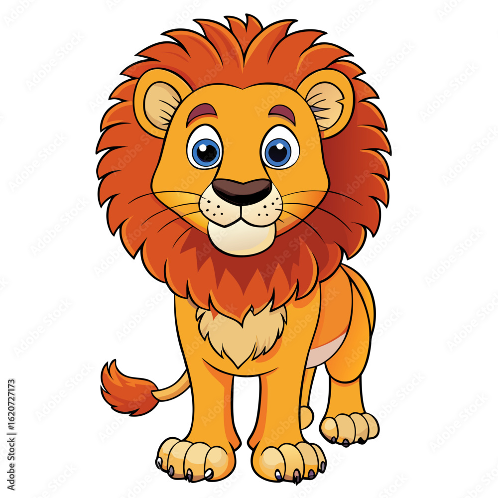 Fototapeta premium Cute cartoon lion with big mane smiling on white background