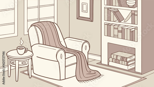 Cozy room interior with armchair, bookcase, and coffee table, creating a relaxing and peaceful atmosphere for reading and unwinding
