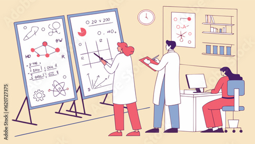 Scientists collaborate in a laboratory, analyzing data and formulas on whiteboards, working together on research and experiments for scientific discovery