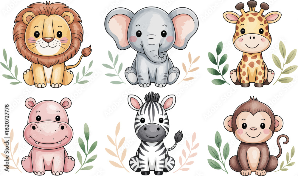 Obraz premium Collection of cute baby safari animals. Watercolor jungle wildlife characters for kids.