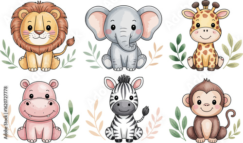 Collection of cute baby safari animals. Watercolor jungle wildlife characters for kids.