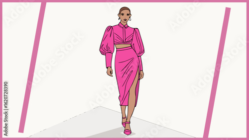 A stylish fashion model in a pink dress, isolated on white background, showcasing a modern and elegant design trend for runway collections