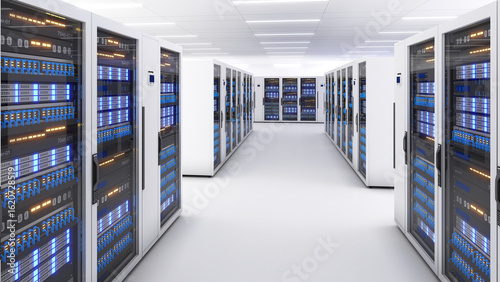 Shot of Data Center With Multiple Rows of Fully Operational Server Racks. Modern Telecommunications,Data center cooling,server room,3d rendering