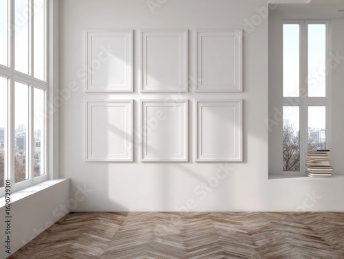 A white room with a window and a bookshelf. The bookshelf has a few books on it