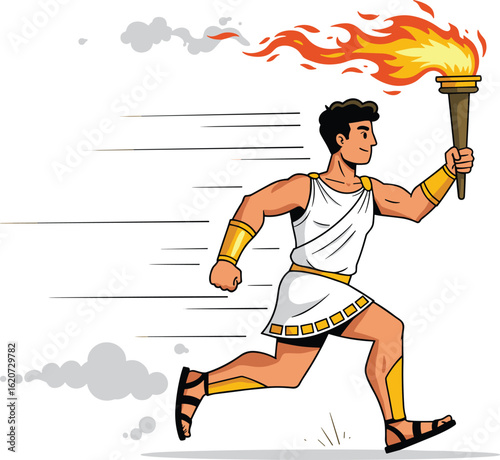 Ancient Greek athlete running with flaming torch, Olympic Games illustration, dynamic motion, traditional costume, ceremonial relay, historical sports concept