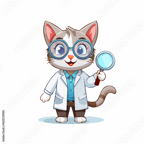 Curious Cat Scientist: A cartoon cat, donned in a crisp lab coat and spectacles, inspects with a magnifying glass, symbolizing the pursuit of scientific knowledge and discovery.