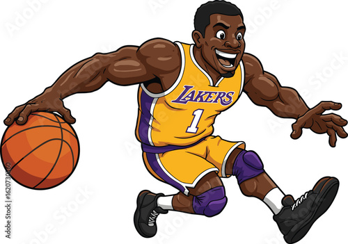 Basketball player dribbling, Lakers jersey, action pose, athletic muscles, dynamic movement, vibrant illustration, sports energy, powerful stance, competitive spirit, urban background