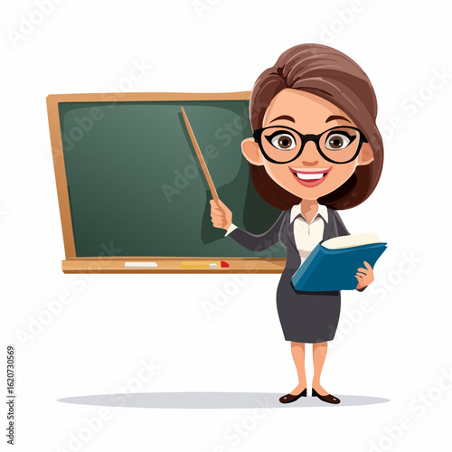 Teacher's Insightful Instruction: A knowledgeable educator, impeccably dressed, captivates students with engaging lessons, fostering learning and growth. With an inviting smile.
