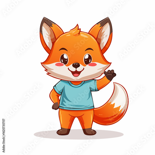 Friendly Fox Cartoon Illustration: A charming cartoon illustration of a friendly fox waving hello in a simple background, radiating warmth and friendliness.