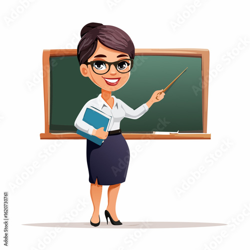 Knowledge Giver: A friendly teacher stands confidently in front of a chalkboard, a symbol of guidance. She holds a textbook and pointer in hands. the illustration captures the warmth of education.