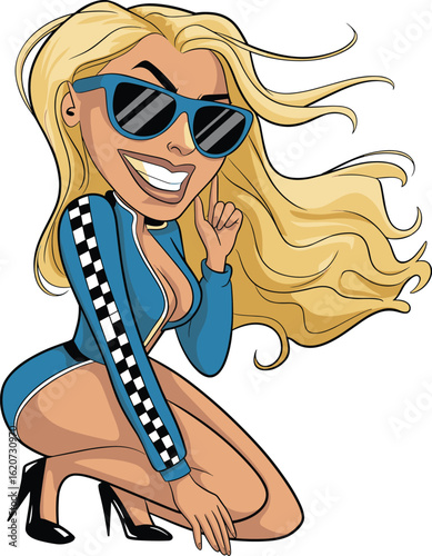 Cartoon blonde woman in blue racing suit, kneeling pose, checkered stripe, high heels, dynamic hair, sunglasses, confident fashion illustration