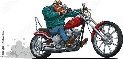 Cartoon biker in green jacket riding red chopper motorcycle with smoke trail, dynamic action pose, powerful character, vibrant illustrated background