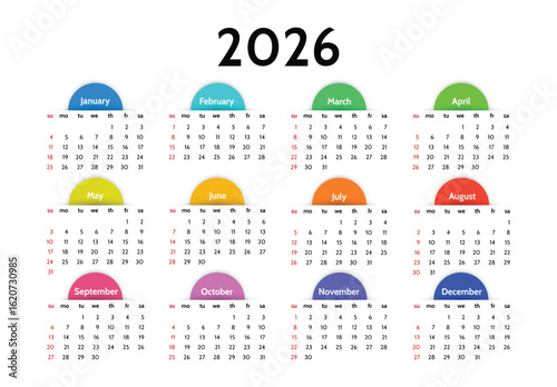 Calendar for 2026 isolated on a white background