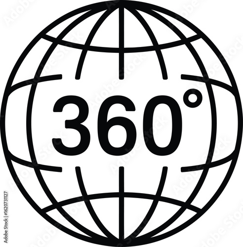 360 Degrees Icon, Spherical View Symbol, Transparent Background, Black Line Art