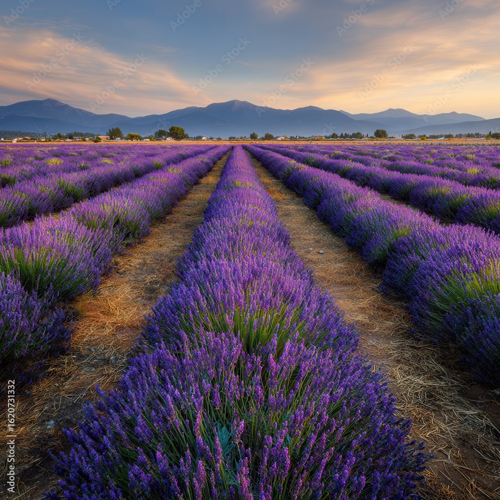 Obraz premium A large field of lavender in full bloom, rows upon rows stretching as far as the eye can see, creating an enchanting and serene landscape. The purple hues of the flowers contrast.