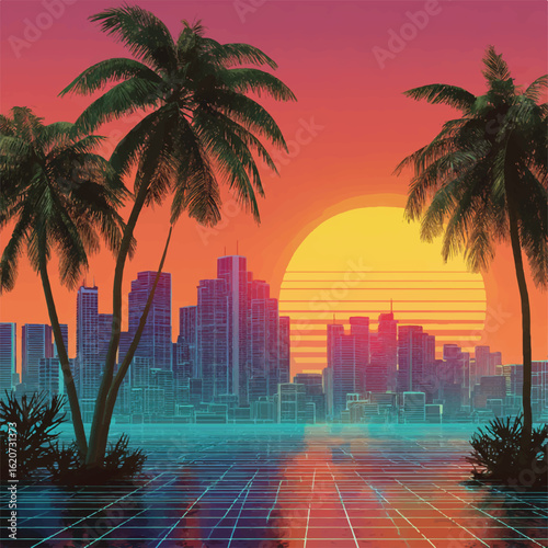 Retro Miami Vice Style Sunset with Palm Trees and City Skyline over a Grid Wave Surface