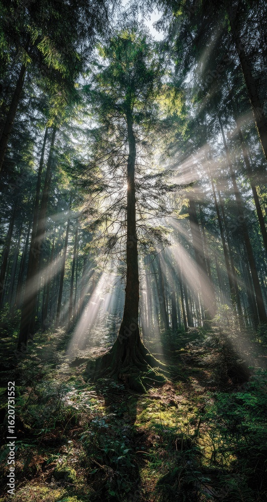 Obraz premium Sunlight streams through a dense forest canopy, illuminating a central tree