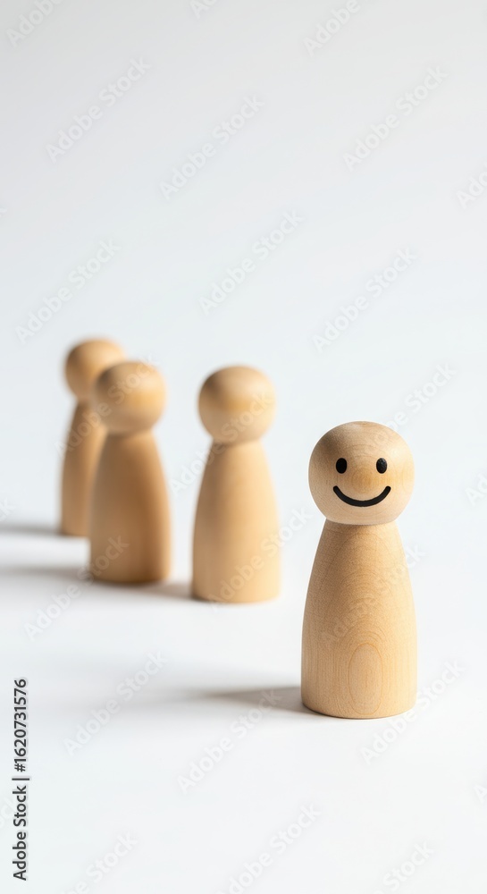 Obraz premium Minimalist wooden peg figures with smiling face against white background. Playful yet simple wooden figurines in clean arrangement. Cheerful wooden peg doll among neutral counterparts.