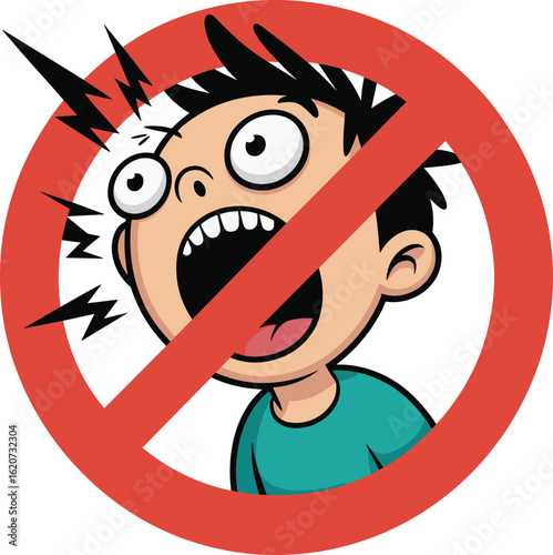 Cartoon child screaming, loud noise, prohibition sign, no shouting allowed, behavior warning, vector illustration, school rule poster, noise control