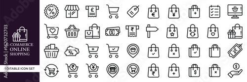 E-commerce and Online Shopping Outline Icons – Cart, Mobile Store, Payment, Delivery, Sale, Checkout, and Retail Business Symbols