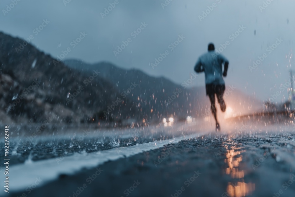 Fototapeta premium Solitary runner braving the elements on a challenging mountain trail.