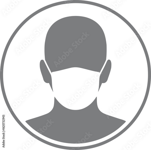 Gray Icon of Person Silhouette Wearing a White Mask in a Gray Circle