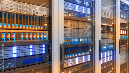 storage and processing unit, large AI processing server room, data center storage and network processing room, SSD and hard disk drive storage,3D rendering