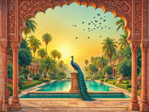 Ancient Mughal Garden Scene with Majestic Peacock, Lake, and Birds – Indian Art Vector Wallpaper for Living Room Wall Decor