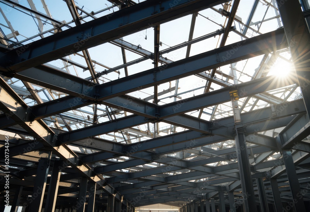 Close up Geometric arrangement of industrial steel beams at a construction site Close up Geometric arrangement of industrial steel beams at a construction site