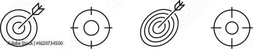 Outline Target Icons Set, Arrow in Center, Bullseye, Sniper Scope, Transparent Background