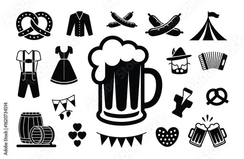 Oktoberfest Icons Collection With Beer And Food pretzel