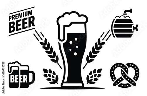 Premium beer icons with wheat and barrel barley Oktoberfest