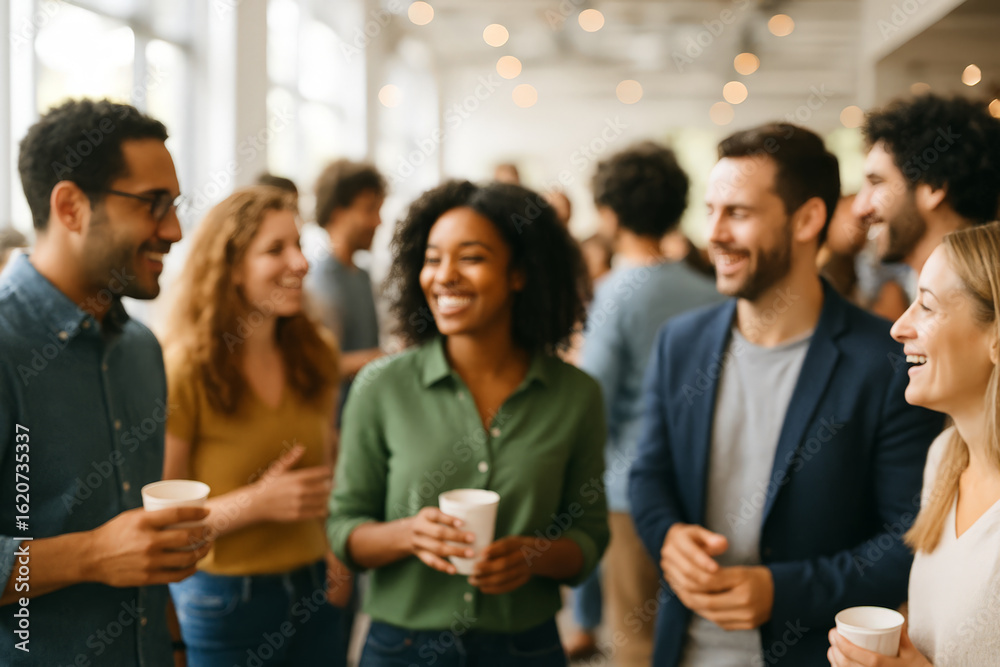 Obraz premium Defocused scene of Diverse group of young adults socializing with drinks at a casual indoor networking event, smiling and enjoying the atmosphere