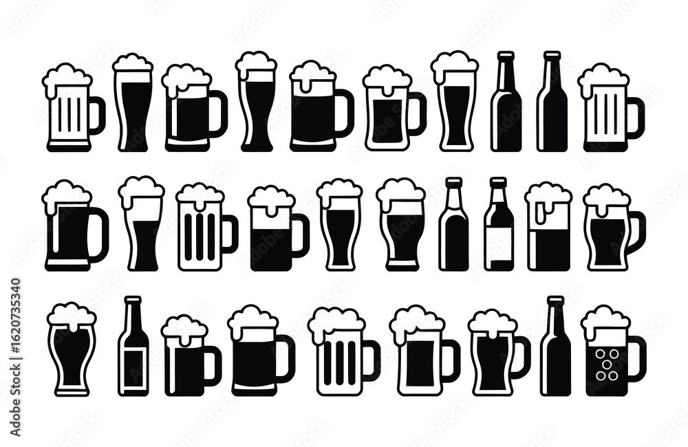 Fototapeta premium Assortment of beer glasses and bottles icons lager Oktoberfest