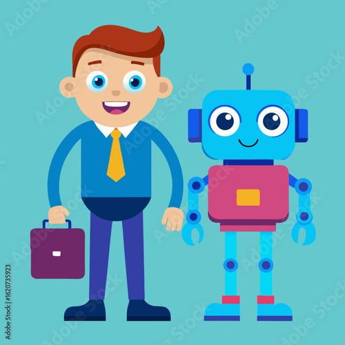 Friendly businessman and cute robot companion standing together on a blue background