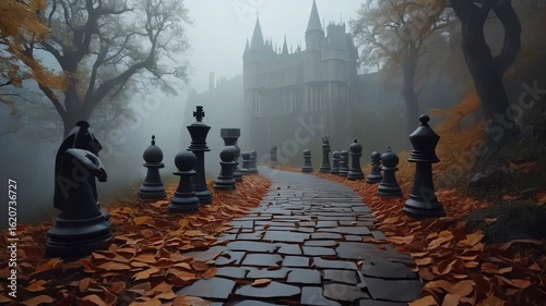 Dark and mysterious chess path in autumn