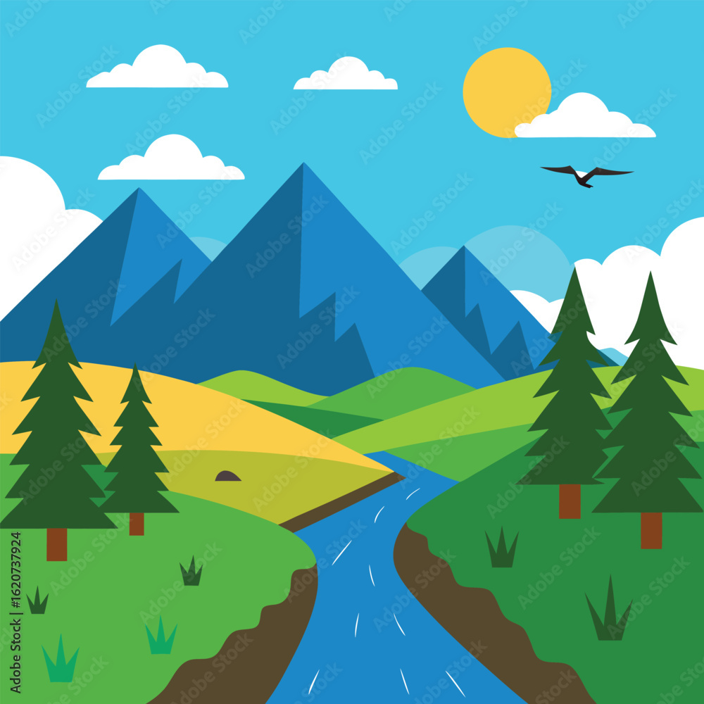 Fototapeta premium bright mountain valley with river, trees, and sunny sky illustration