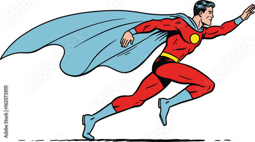 Energetic superhero in red costume sprinting with blue cape, comic book character illustration, powerful action pose, running hero, dynamic artwork