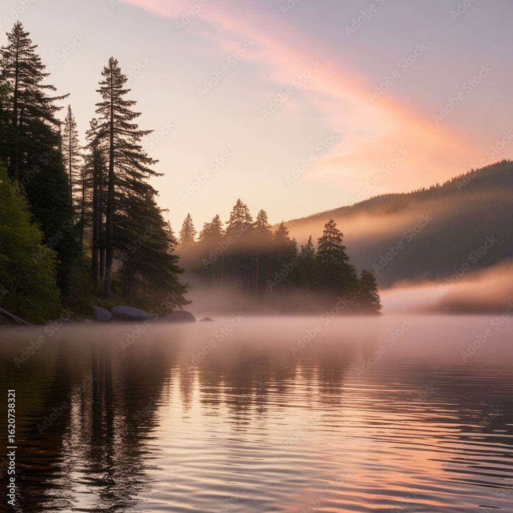 Fototapeta premium Peaceful Sunrise Over Misty Mountain Lake