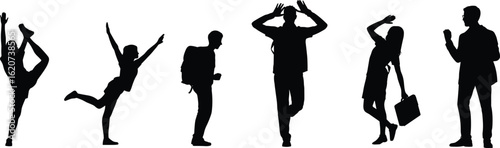 Expressive people silhouette set—six dynamic poses showing emotions, movement, and personality for lifestyle design, animation reference, or editorial branding