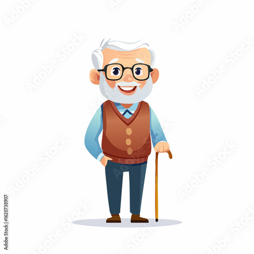 Smiling Senior with a Walking Stick: A charming cartoon depicting an elderly person, radiating warmth and friendliness, clutching a walking stick. A symbol of experience and wisdom.