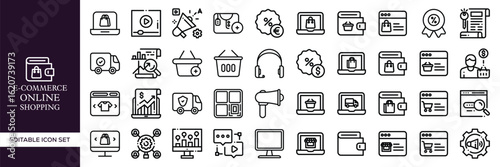 Set of E-commerce and Online Shopping – Digital Store, Cart, Payment, Delivery, Checkout, Mobile Commerce, and Retail Elements