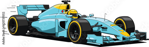 Formula 1 race car, blue and yellow design, speed action, racing circuit, aerodynamic body, motorsport vehicle, vibrant performance illustration