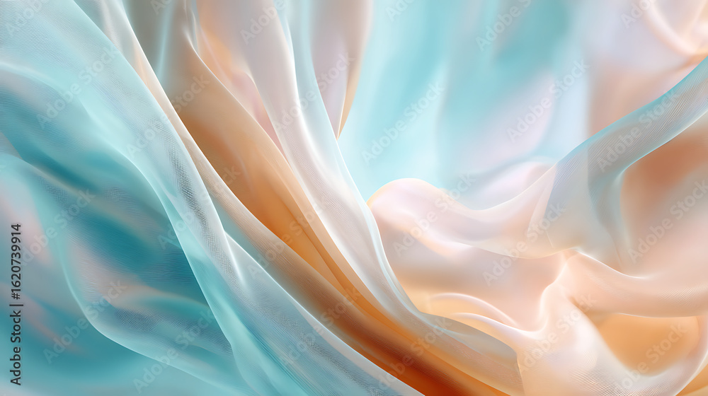Fototapeta premium Flowing ethereal fabric draped in soft pastel hues of aqua and peach image