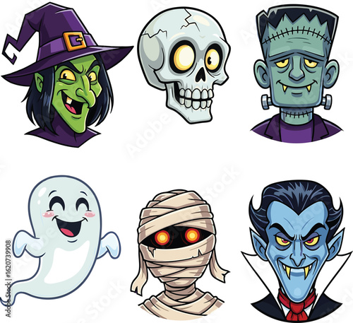 Adorable and cartoonish halloween characters collection featuring witch skull frankenstein ghost mummy and vampire